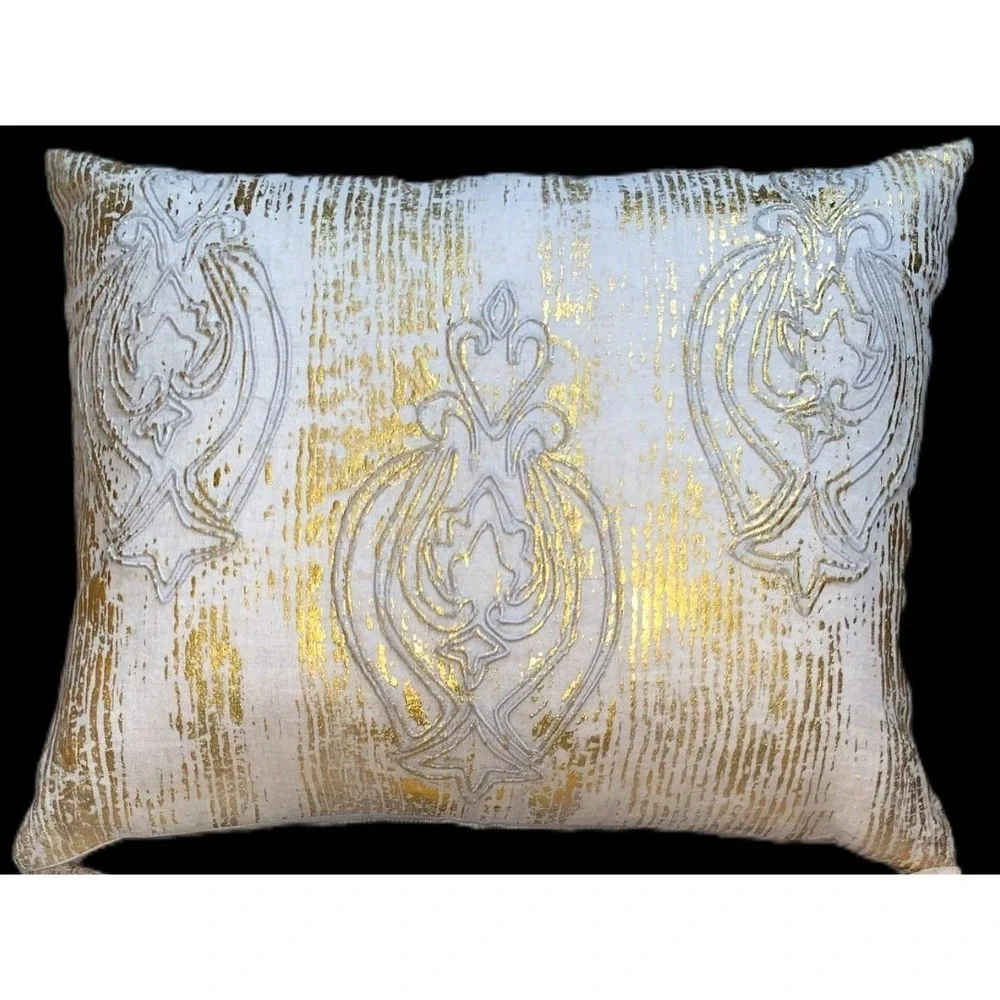 2 Gold Metallic Stump Embroidery Linen Feather Down Show Pillows Diem M. Abram